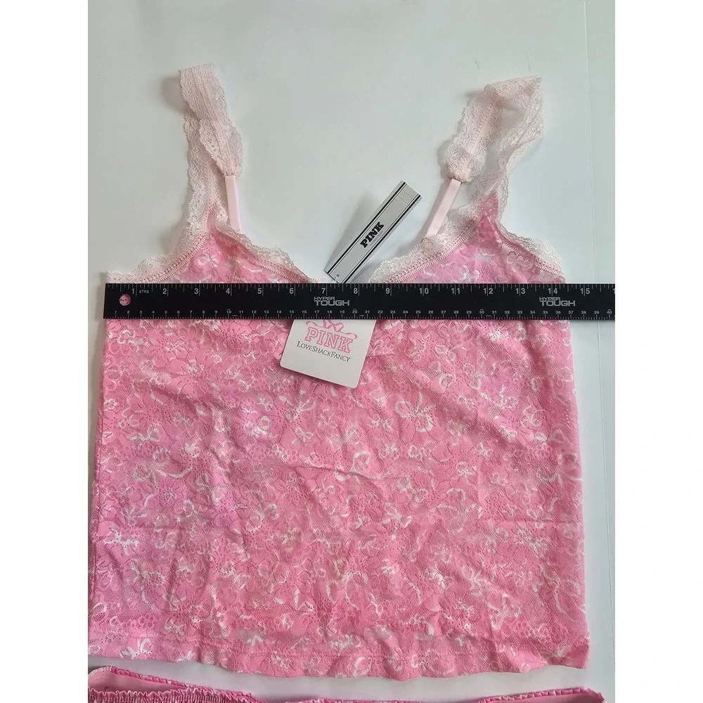 PINK LoveShackFancy Pajama Set Womens M Pink Lace Cami Shorts Coquette - Picture 8 of 8